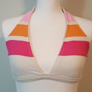 V neck tie neck bikini top. Pink white and orange